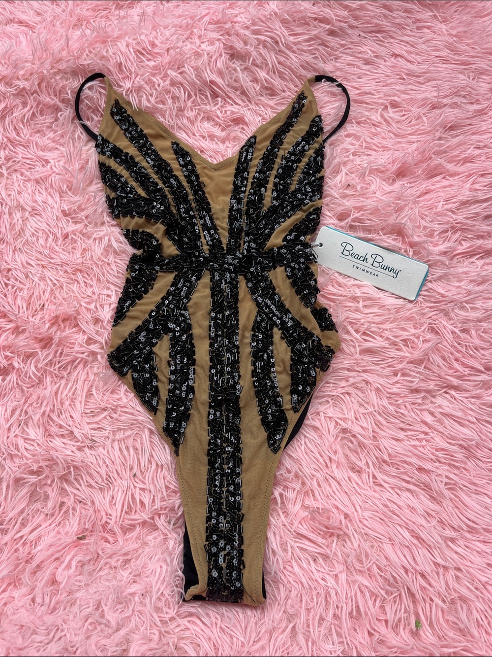 Beach Bunny Jolie Nude and Black Sequin Unique One-Piece Bodysuit